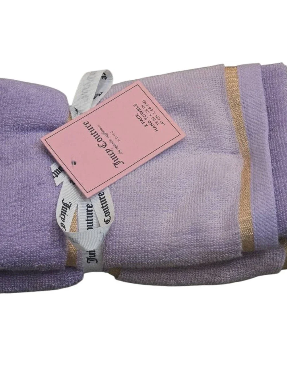 Juicy Couture Home Gold Embrodried Stripe Set Of 2 Hand Towels- Lavender